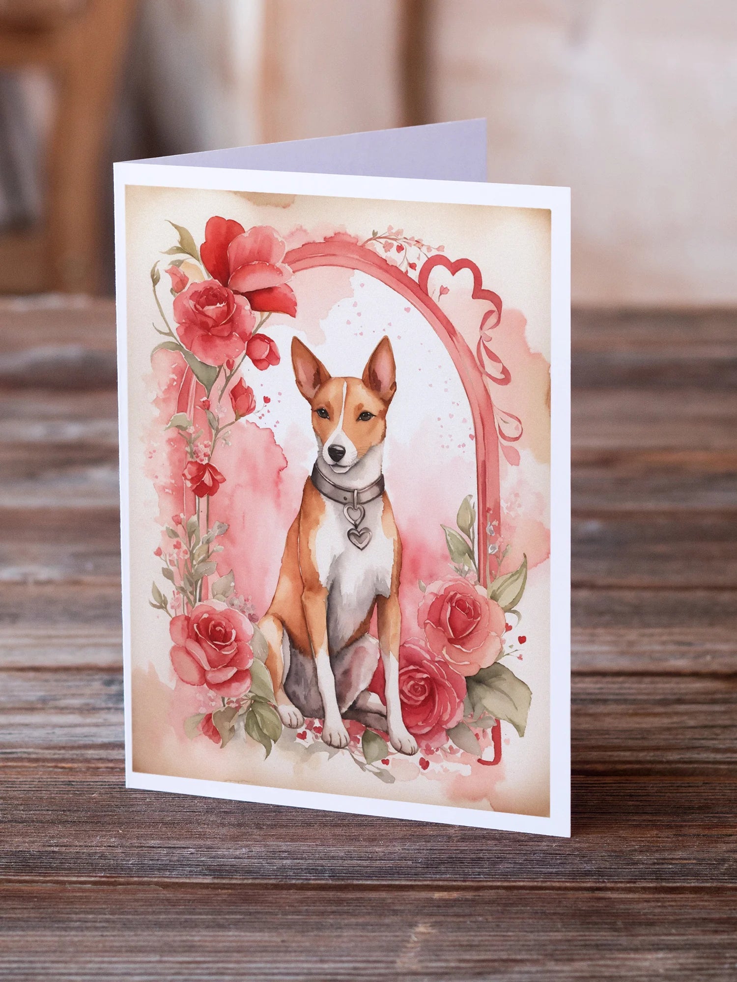 Basenji Valentine Roses Greeting Cards Pack of 8